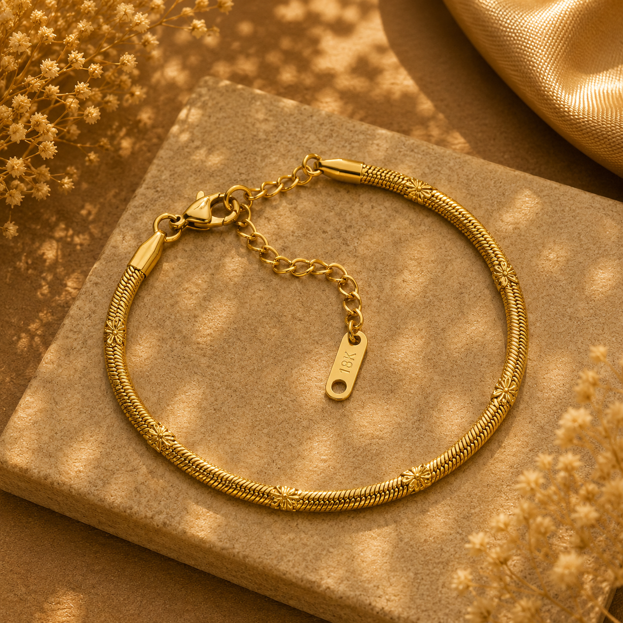 Slange Armbånd med Blomstergravering i 18K Guld