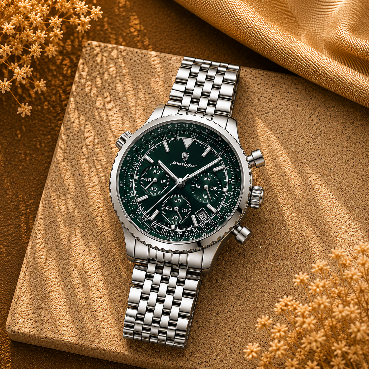 Poedagar Chronograph Herreur – Sølv/Grøn