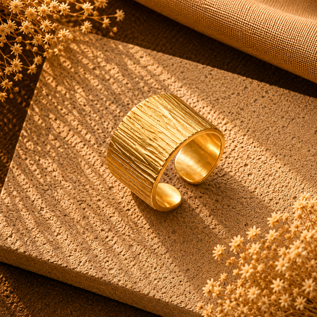 Bred Bark Tekstur Cuff Ring i Guld